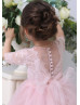 Elbow Sleeve Blush Pink Lace Tulle Flower Girl Dress Elbow Sleeve Blush Pink Lace Tulle Flower Girl Dress